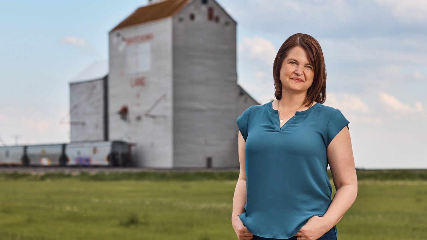 Saskatchewan NDP Leader Carla Beck pictured in the village of Lang, where she grew up. The NDP have been putting emphasis on Beck’s rural history as part of their strategy to connect with rural voters.  Photo credit Saskatchewan NDP/Facebook