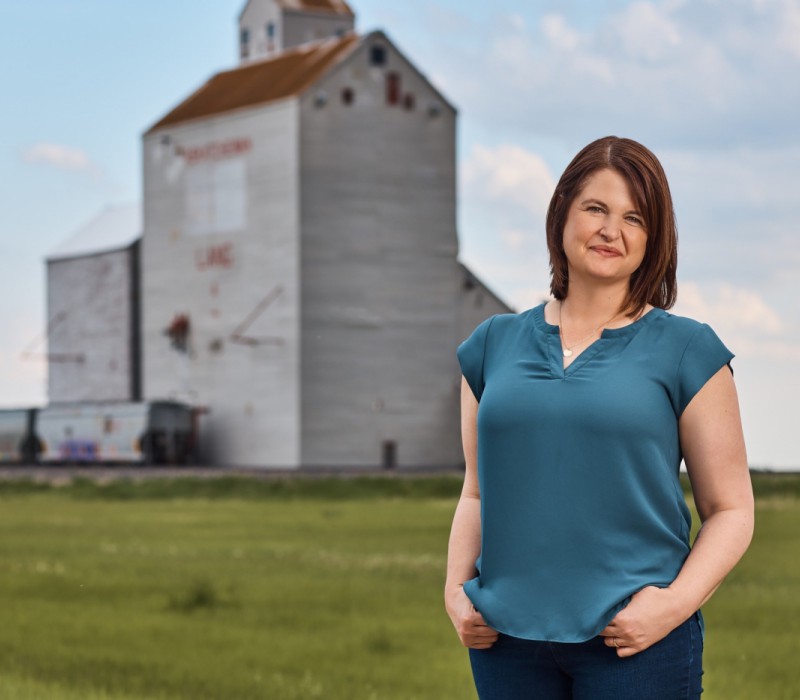 Saskatchewan NDP Leader Carla Beck pictured in the village of Lang, where she grew up. The NDP have been putting emphasis on Beck’s rural history as part of their strategy to connect with rural voters.  Photo credit Saskatchewan NDP/Facebook